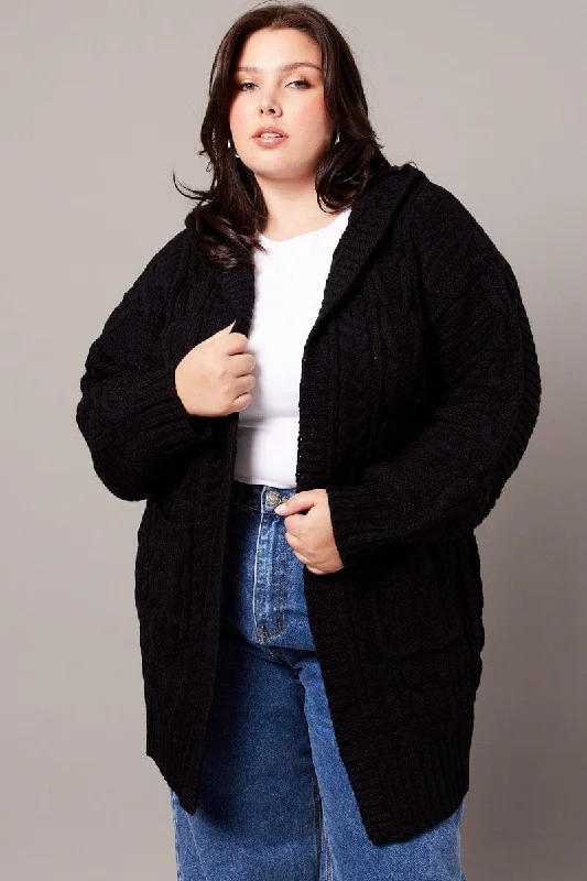 Black Longline Cardigan Long Sleeve Hooded Cable Knit Front Pockets Side Pockets Patch Pockets