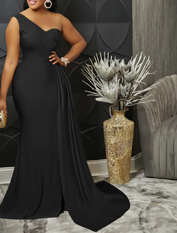 Mermaid / Trumpet Party Dresses Elegant Dress Wedding Guest Semi Formal Sweep / Brush Train Sleeveless One Shoulder Spandex with Ruched Slit Tunics Chinos classic