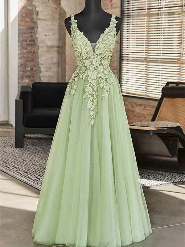 Green A-line V-neckline Tulle with Lace Long Party Dress, Green Tulle Prom Dress Square Neckline Feminine
