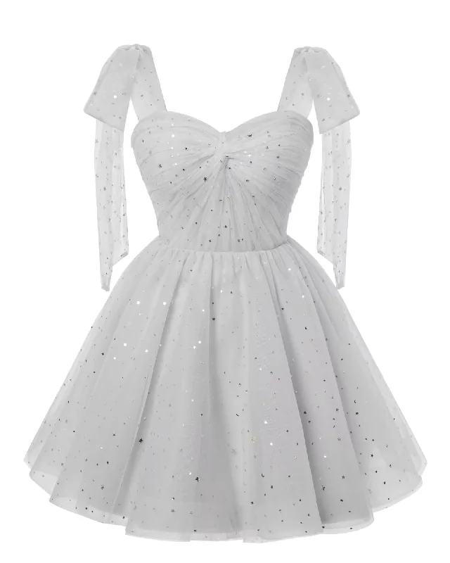 Sparkly Starry Silver Gray Tulle Short Homecoming Dresses Spaghetti Bow Straps Prom Dress Sequin Cocktail Party Dress for Teens Shift Classic Vintage