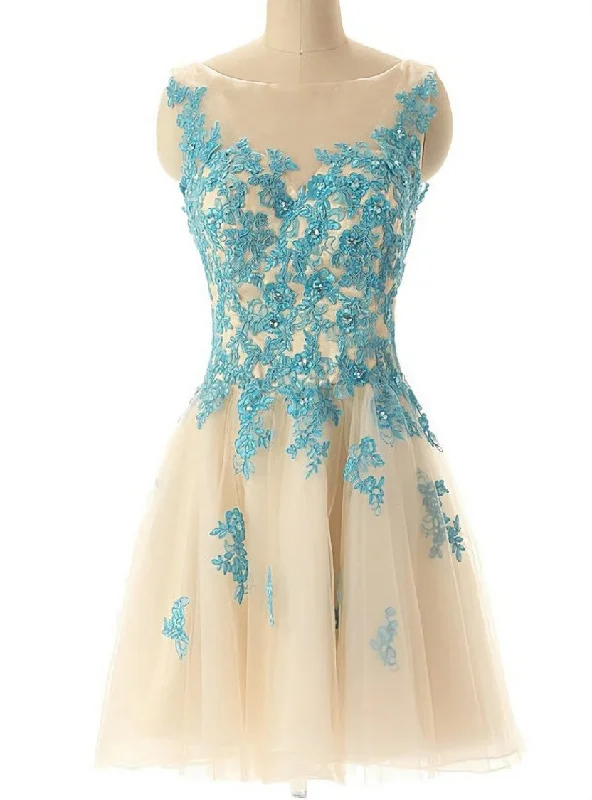 Boat Neck Champagne Tulle Prom Party Dress with Blue Lace Chiffon Maxi Beach