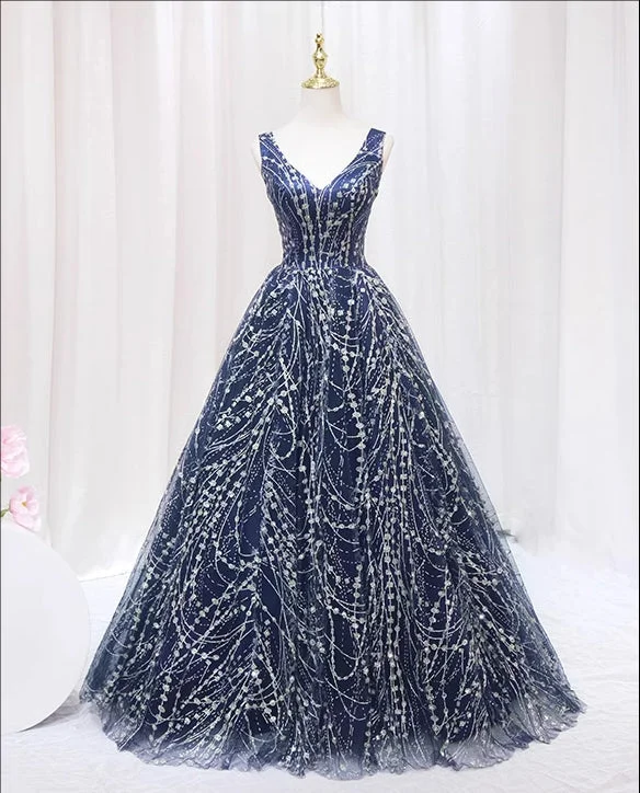 Blue V-neckline Lace Tulle Floor Length Party Dress, Blue Prom Dress Formal Dress Tunics Timeless classic