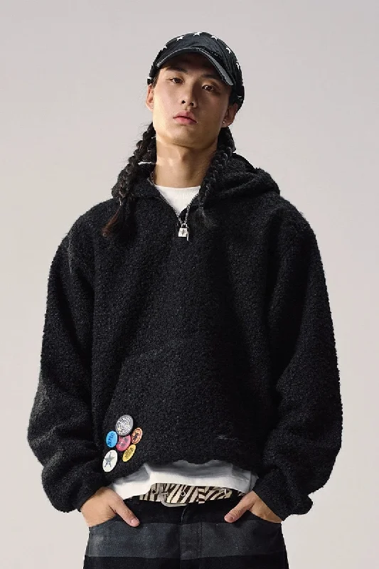Sherpa Fleece Hooded Jacket Front Pockets Side Pockets Patch Pockets