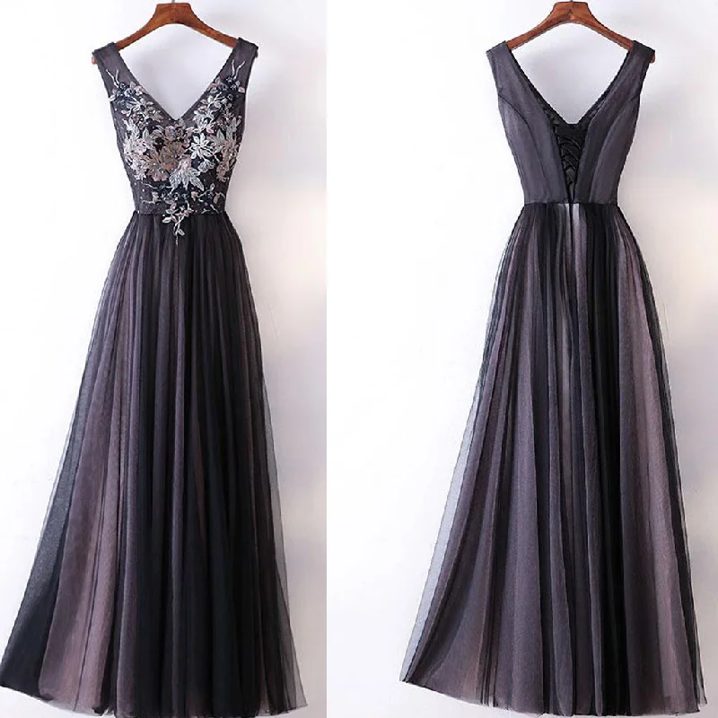Long Prom Dress, V-Neck Prom Dress, Tulle Prom Dress, A-Line Prom Dress, Applique Prom Dress, Sleeveless Prom Dress, Party Dresses, Evening Dresses, LB0713 Tunics Top Casual