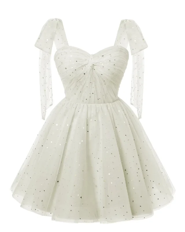 Sparkly Starry White Tulle Short Homecoming Dresses Spaghetti Bow Straps Prom Dress Sequin Cocktail Party Dress for Teens A-Line Day Work