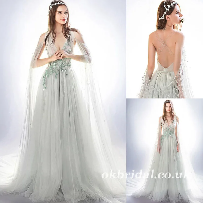 Applique Tulle Prom Dress, Beautiful Prom Dress, Backless V-Neck A-Line Party Dresses, LB0885 Tunics Winter warm