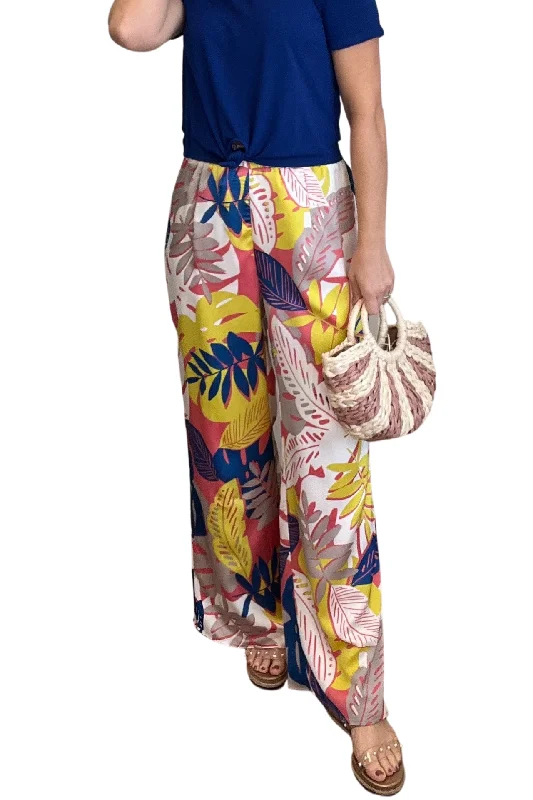 Leaf Print Satin Wide Leg Pants Stylish Paperbag Waist Pants