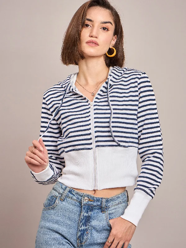 Women Navy & White Striped Fleece Hooded Jacket Satin Jacket Silk Jacket Chiffon Jacket Women Navy & White Striped Fleece Hooded Jacket Satin Jacket Silk Jacket Chiffon Jacket