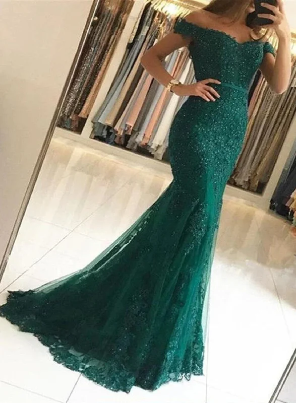 Dark Green Mermaid Off Shoulder Party Dress with Lace Mermaid Prom Dress prom dresses shops Glittery Long Formal