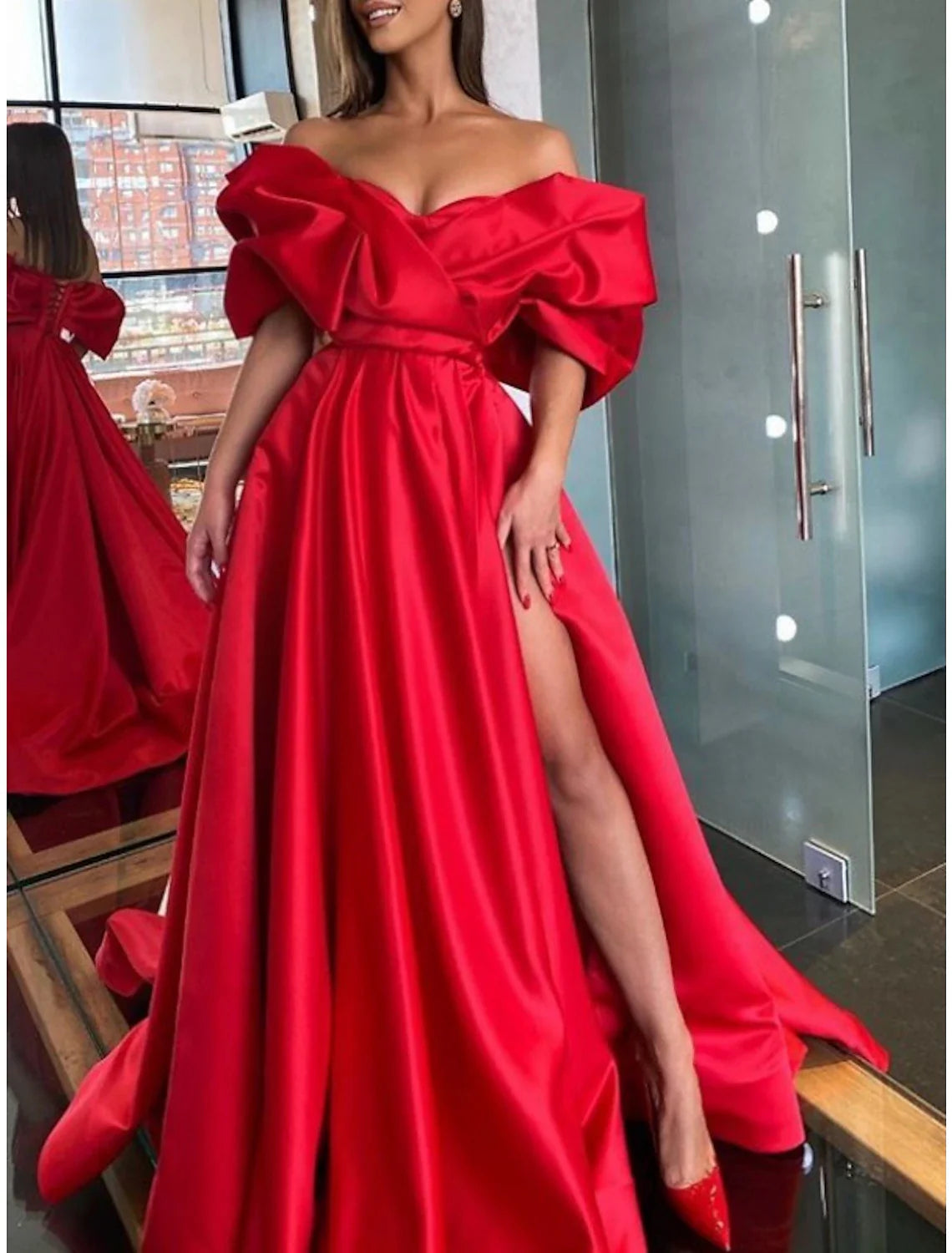 Sheath Evening Gown Party Dress Red Green Dress Black Tie Gala Sweep / Brush Train Half Sleeve Off Shoulder Satin with Ruched Slit A-Line Day Work