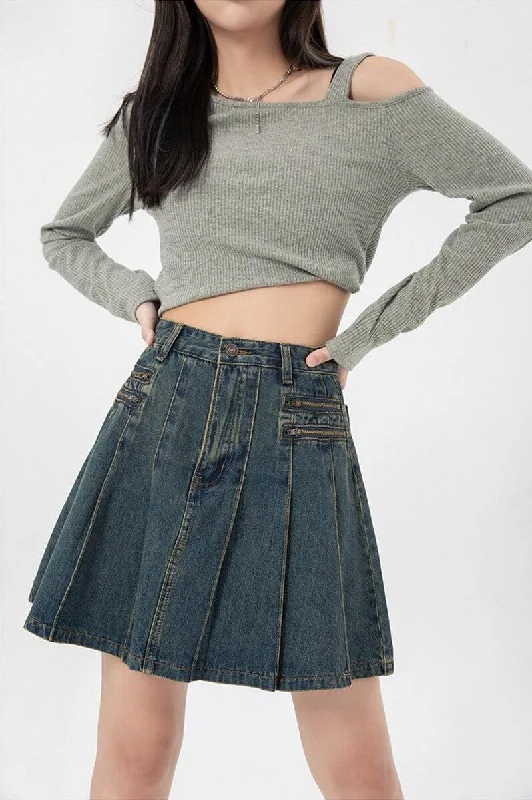 Pleated Denim Mini Skirt wool skirt sturdy