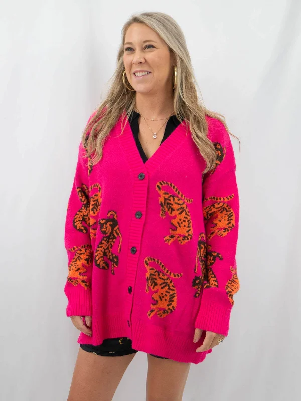 Hot Pink Tiger Print Oversized Cardigan Cashmere Blend Cotton Blend Poly Blend