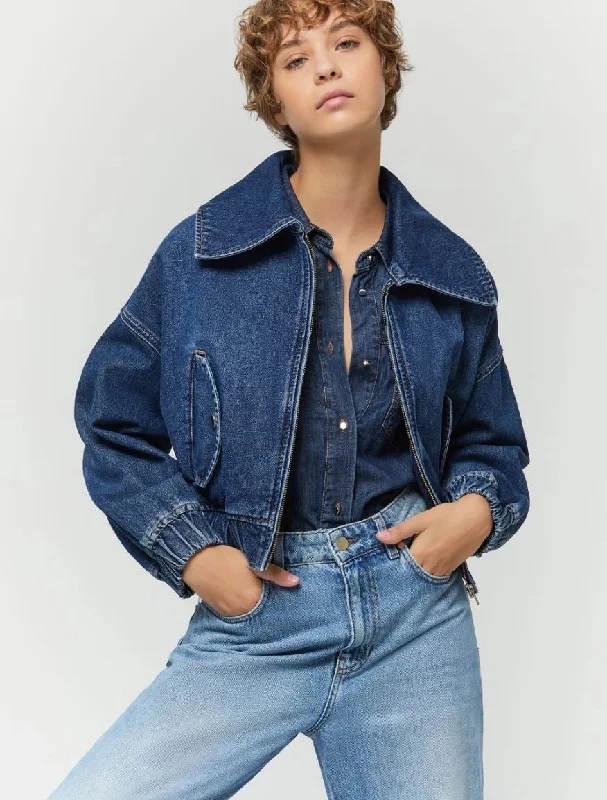 IBLUES Denim Bomber Style Jacket Welt Pockets Slit Pockets Flap Pockets