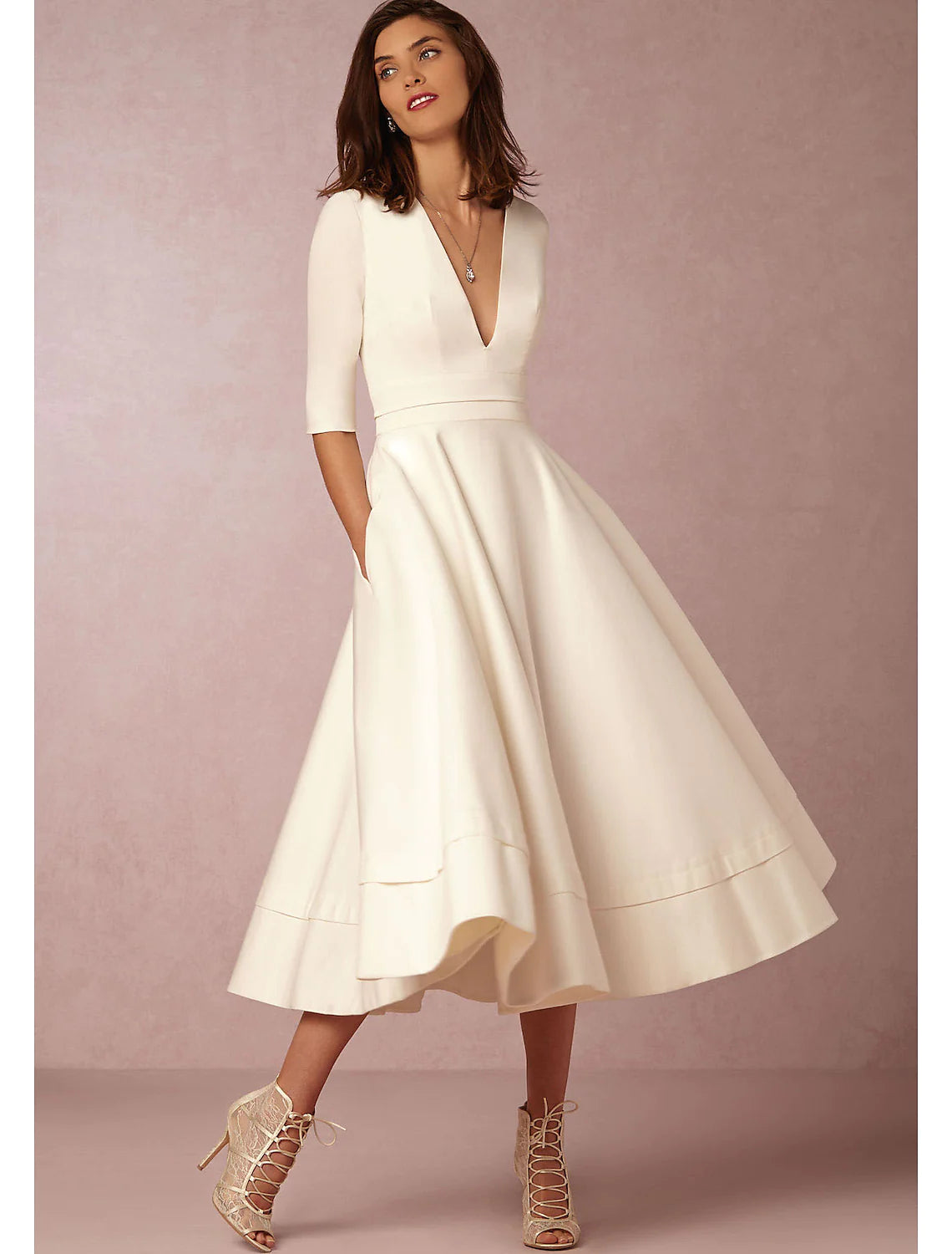 A-Line Special Occasion Dresses Party Dress Holiday Tea Length Half Sleeve V Neck Pocket Jersey with Pleats Tunics Custom made