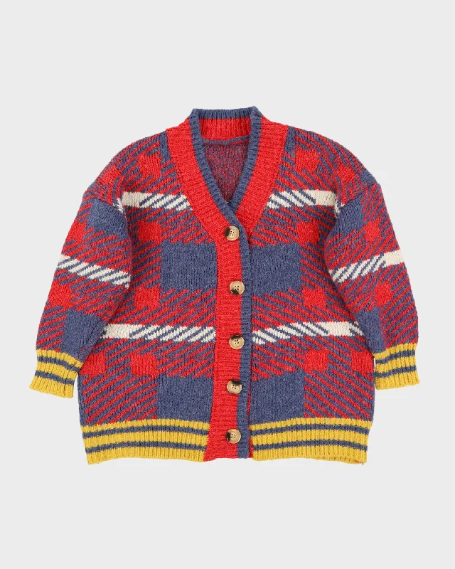 Navy Blue Red Chunky Knitted Cardigan - L Elasticated Padded Insulated