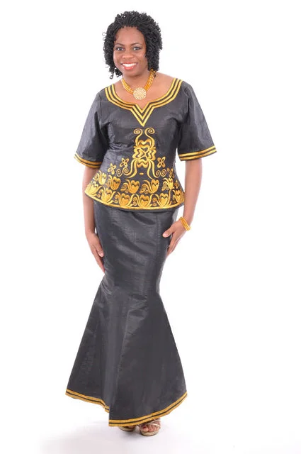 Elegant Black and Gold African Brocade Skirt Set for Ladies silk skirt luxurious