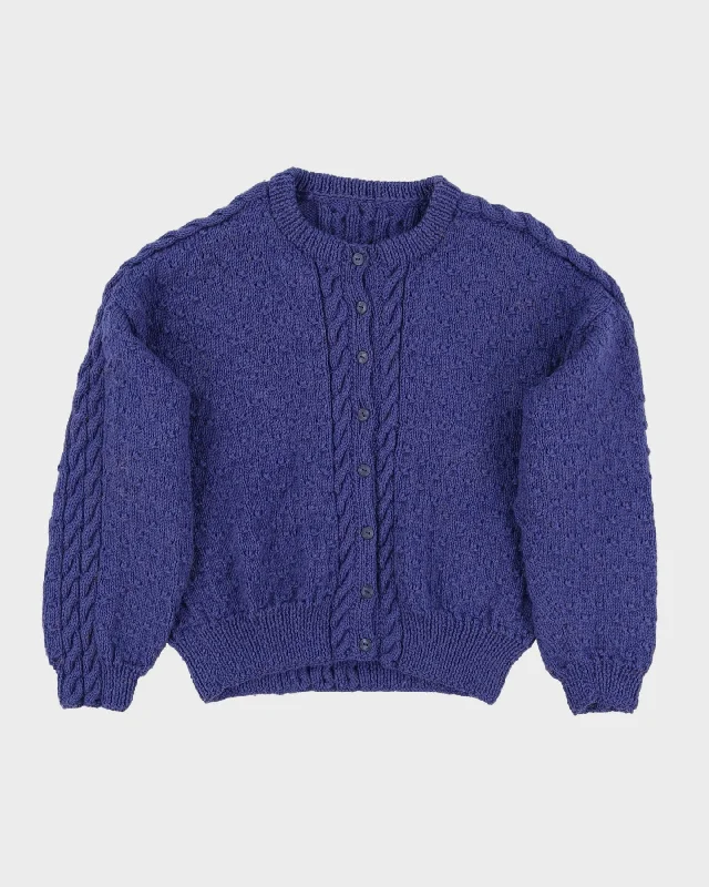 Blue Hand Patterned Knitted Cardigan - M / L Boat Neck Shawl Collar Notched Collar