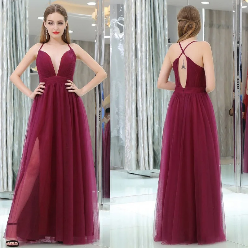 Long Prom Dresses, Tulle Prom Dresses, Deep V-Neck Party Dresses, Open-Back Evening Dresses, A-Line Prom Dress, Side Split Prom Dress, Sexy Prom Dress, LB0624 Tunics Ceremony elegant