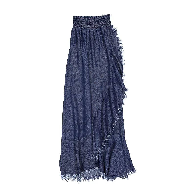 ROWE Blue Denim Fringes Skirt ruffled skirt detail