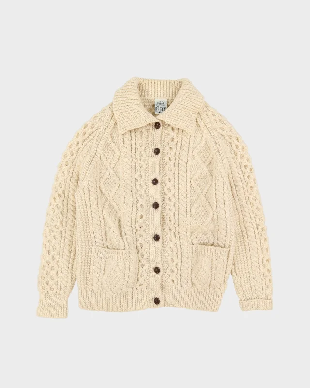 Irish Aran Knitted Cream Wool Cardigan - M Zippered Buttoned Snapped