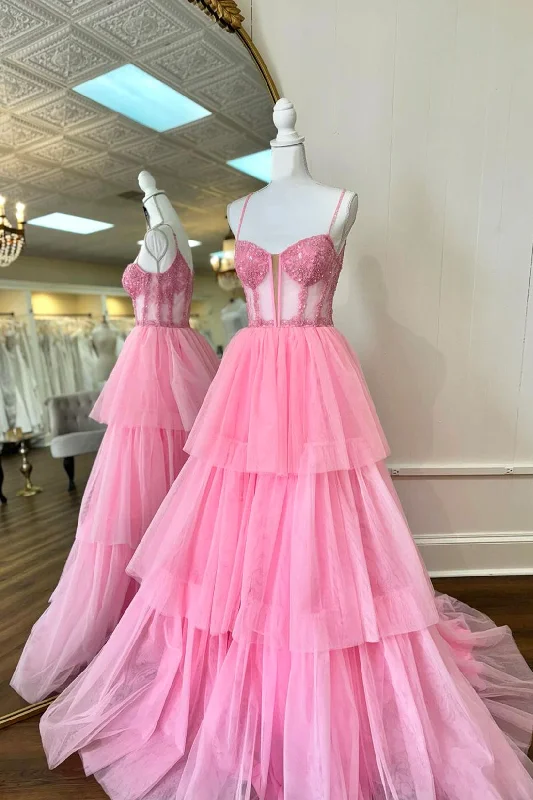 Pink Tulle Lace Long Prom Dress, A-Line Spaghetti Strap Evening Party Dress Tunics Fall fleece