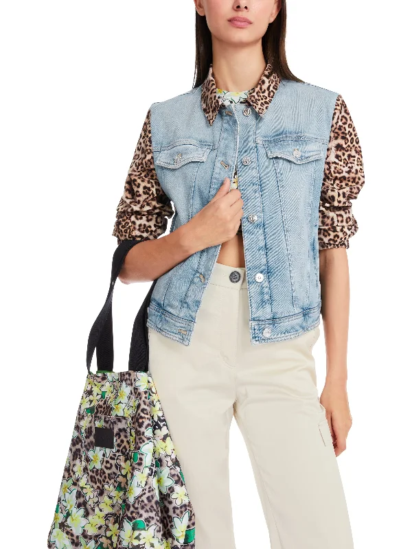 MARC CAIN Denim Jacket With Leopard Print Wool Fabric Cashmere Fabric Tweed Fabric