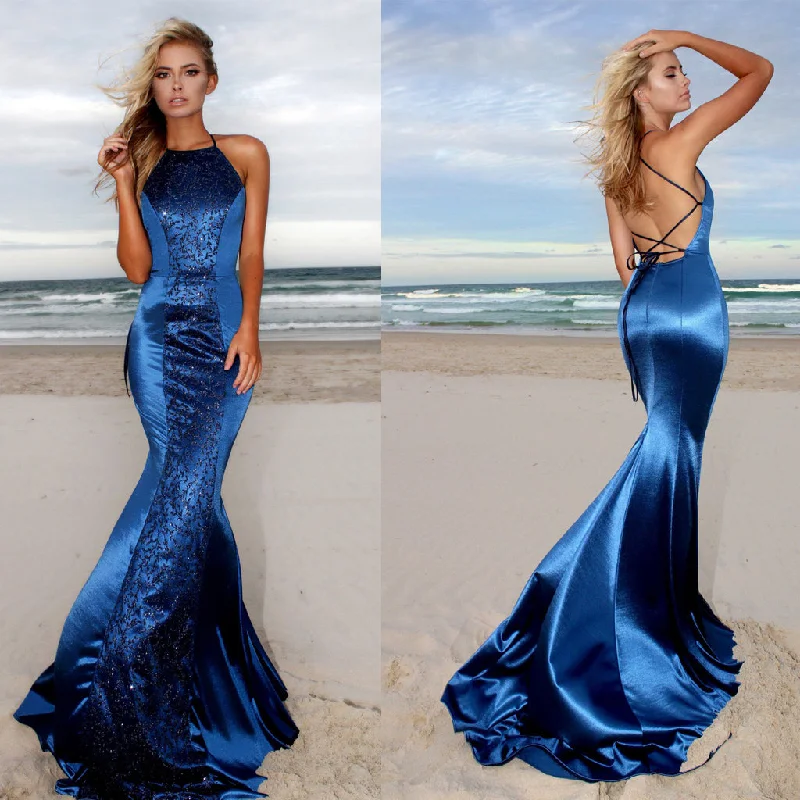 Long Prom Dress, Satin Prom Dress, Mermaid Prom Dress, Sequin Prom Dress, Sexy Prom Dress, Backless Prom Dress, Floor-Length Party Dresses, Vintage Evening Dresses, DA761 Satin Halter Glamorous