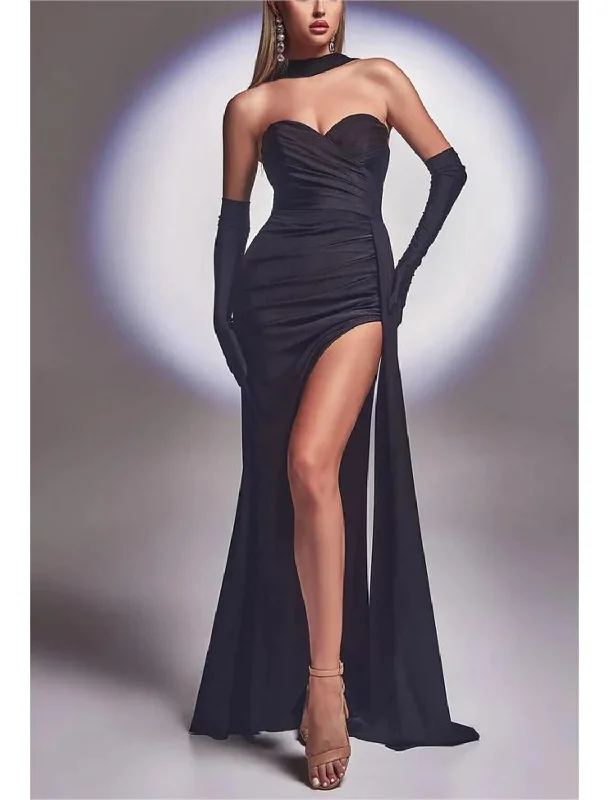 Mermaid / Trumpet Evening Gown Party Dress Carnival Prom Court Train Sleeveless Strapless Convertible Stretch Satin with Ruched Slit include gloves Tunics Review highly