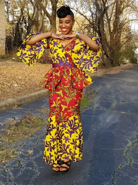 Red Yellow Purple African Print Peplum Top and Skirt-DP3941TS pencil skirt chic