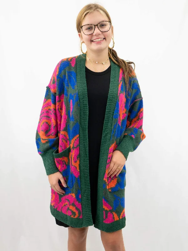 Floral Print Hunter Green and Pink Long Cardigan Striped Floral Plaid