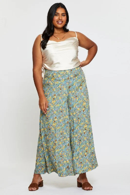 Floral Print Wide Leg Pants High Rise Relaxed Linen Pants