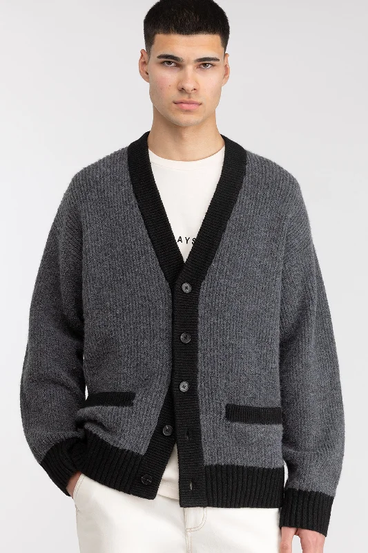 CONTRAST RIB BUTTON UP CARDIGAN Chenille Blend Fleece Blend Nylon Blend
