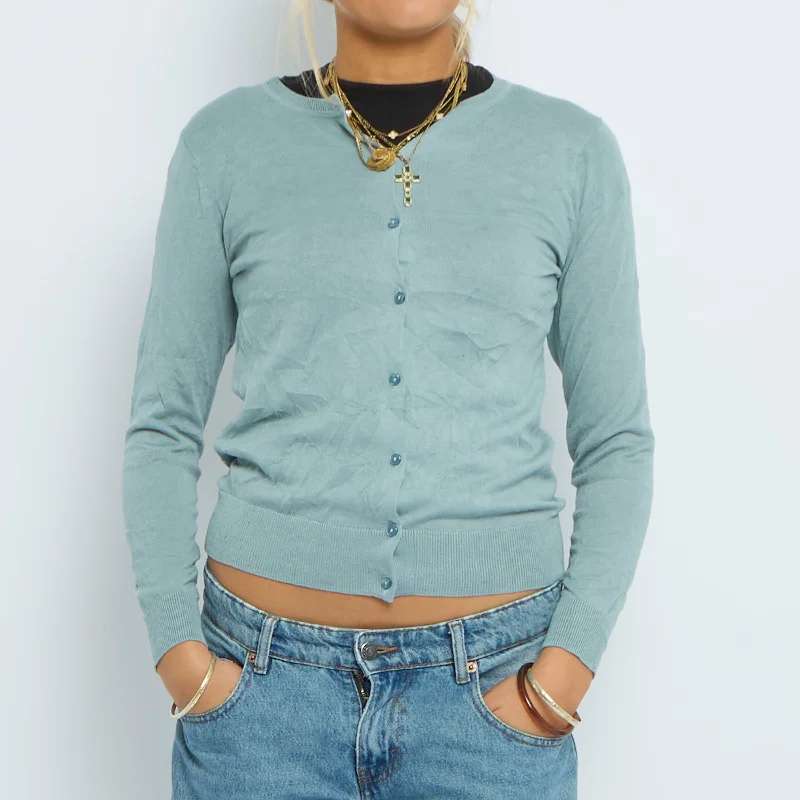 Buttoned Fine Knit Cardigan - UK 8 Mesh Blend Leather Blend Suede Blend