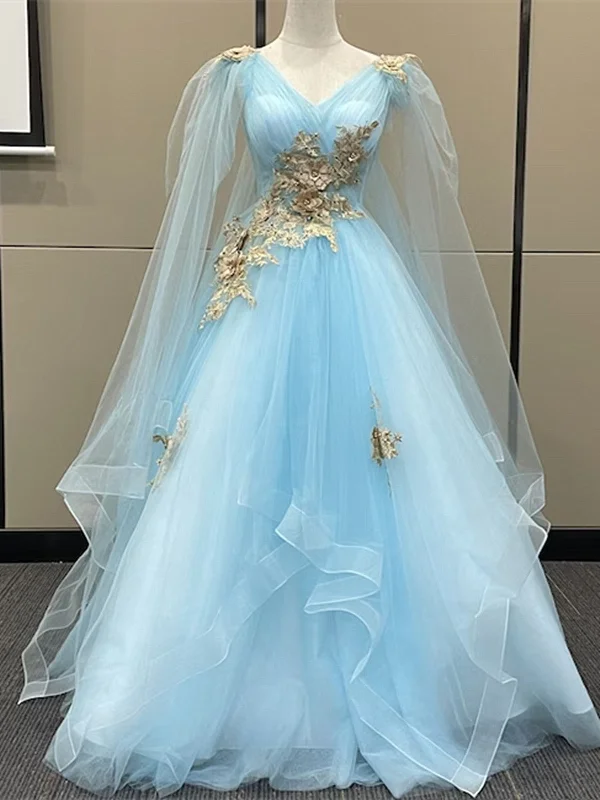 Light Blue Tulle with Gold Lace Applique Party Dress, Light Blue Prom Dress Tunics Long Elegant