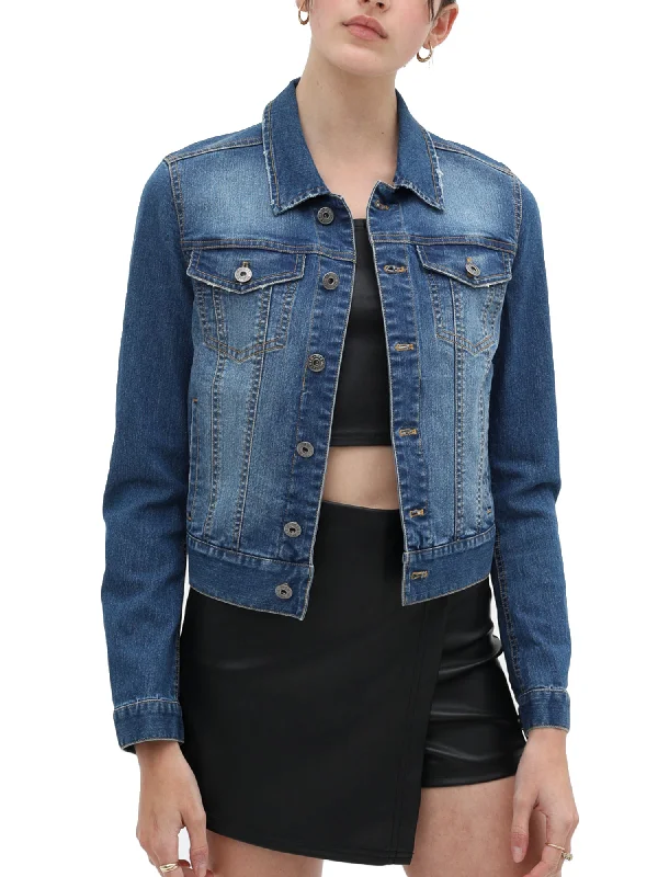 KOGMO Women's Vintage Stretchy Cotton Denim Jacket with 6 Pockets Stand-Up Collar Roll-Neck Collar Turtle Neck KOGMO Women's Vintage Stretchy Cotton Denim Jacket with 6 Pockets Stand-Up Collar Roll-Neck Collar Turtle Neck