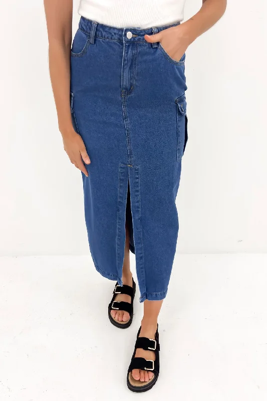 Citra Cargo Denim Midi Skirt Blue lace skirt romantic