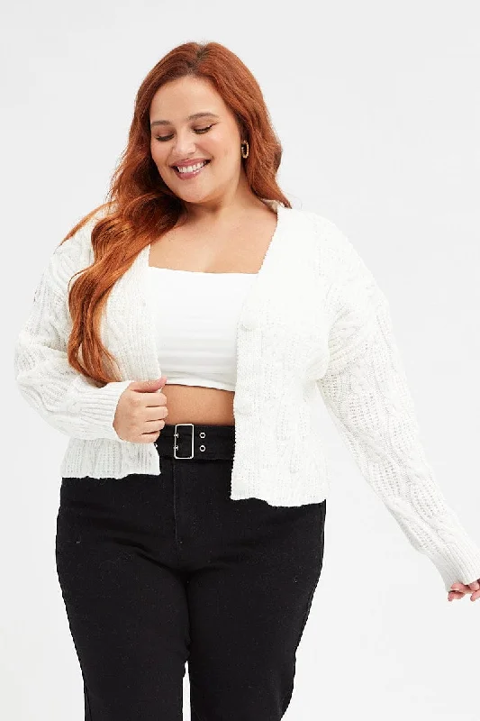 White Oversized Cable Knit Cardigan Cable Knit Ribbed Knit Lace Knit