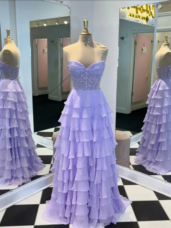 Purple Chiffon Layers Sweetheart Lace Long Party Dress, Purple Long Prom Dress Tunics Print Colorful