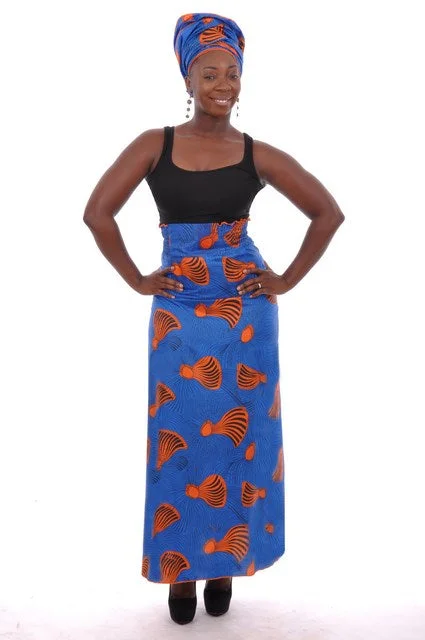 Blue and Orange African Print Skirt-DP3900 chiffon skirt airy