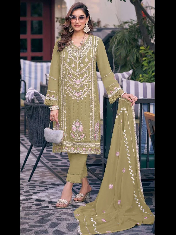 Mehndi Green Classy Designer Semi-Stitched Fox Georgette Pant Suit With Embroidery Sequins Work High-Waist Yoga Pants