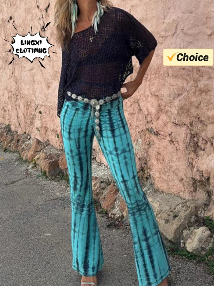 Summer Fashion New Women's Elastic Elegant Print Tie Dyed Casual Pants Temperament Women's Sports 9-inch Pants Wide-Legged Palazzos