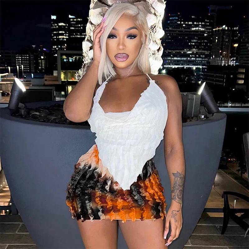 MB1004 Halter Tank Top and Mini Skirt Two Piece Set Women Sexy Streetwear Outfits floral tank top
