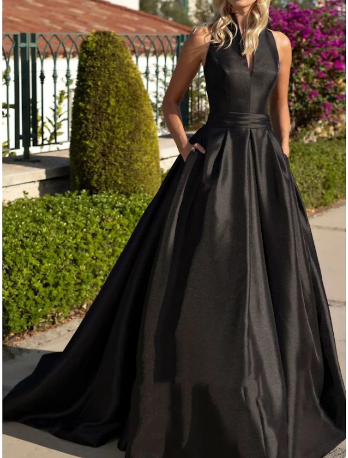 A-Line Evening Gown Party Dress Elegant Dress Formal Fall Sweep / Brush Train Sleeveless V Neck Satin with Pleats Tunics Stylish modern