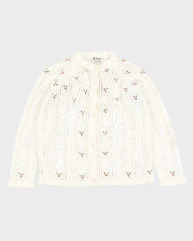 Vintage 80s Woodward's Cream & Pink Floral Knit Cardigan - M Bright Pastel Dark