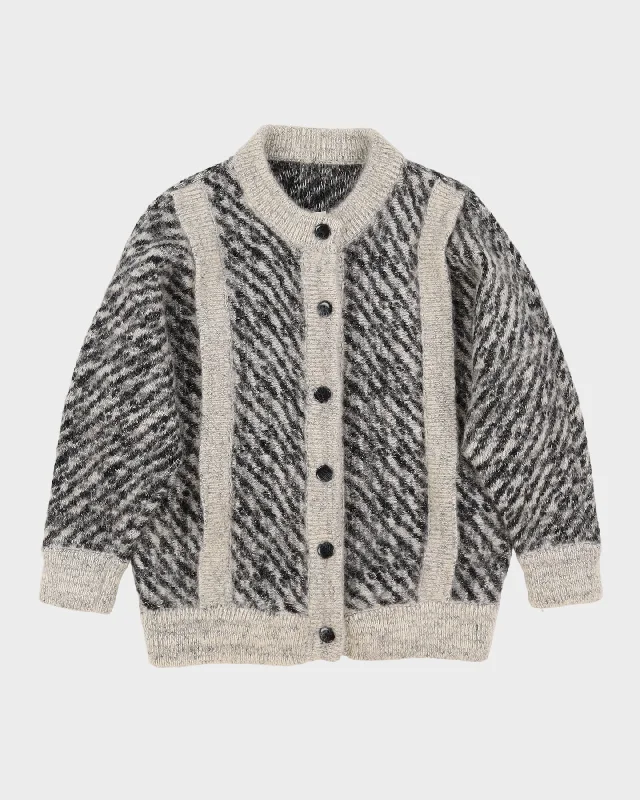 1990s Grey Patterned Knitted Cardigan - S Toggled Drawstring Belted