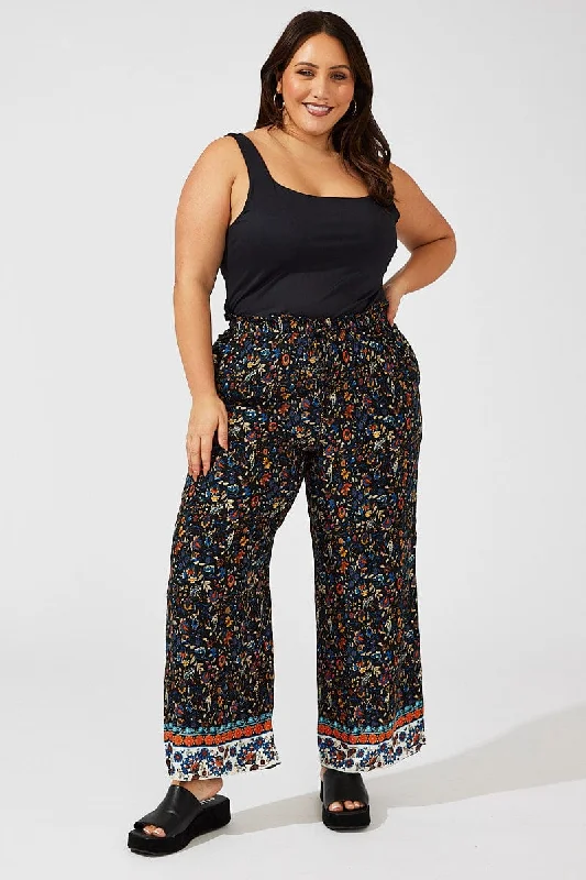 Black Boho Wide Leg Pants High Rise Chic Checkered Pants