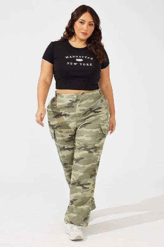 Green Print Cargo Pants High Rise Camouflage Soft Wool Pants