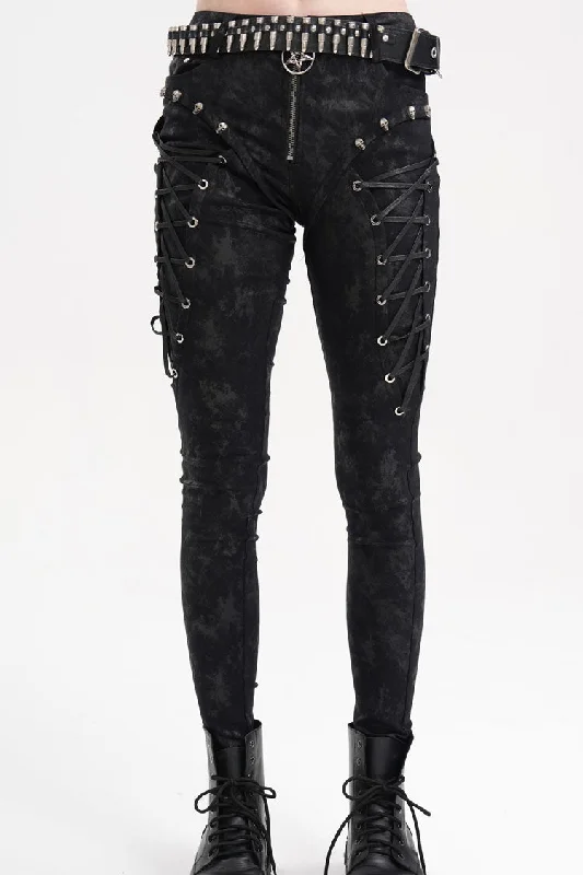 Black Skull Rivets Lace-Up Women's Punk Pants Soft Cotton Pants