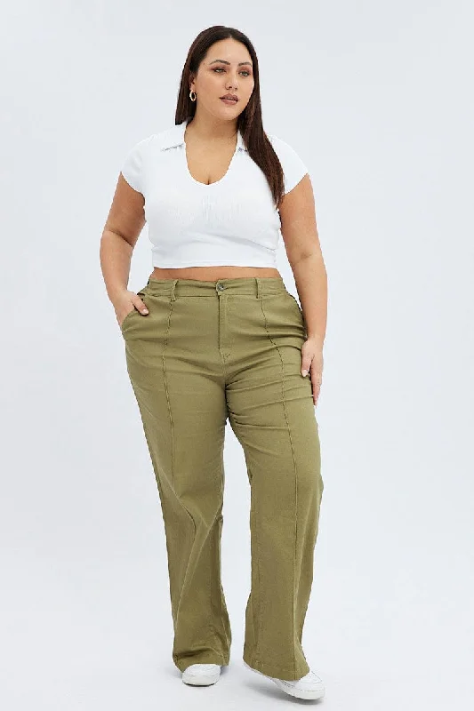 Green Wideleg Pants Seam Front Cotton Comfy Zip-Up Pants