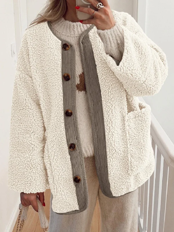 Riley Contrast Button Up Sherpa Jacket with Pockets Jacket Blazer Coat